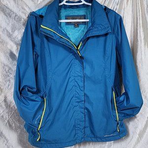 Pre-Lvd L Eddie Bauer Weatheredge Insulated Rain Jacket Aqua w/ Neon Yellow Zip